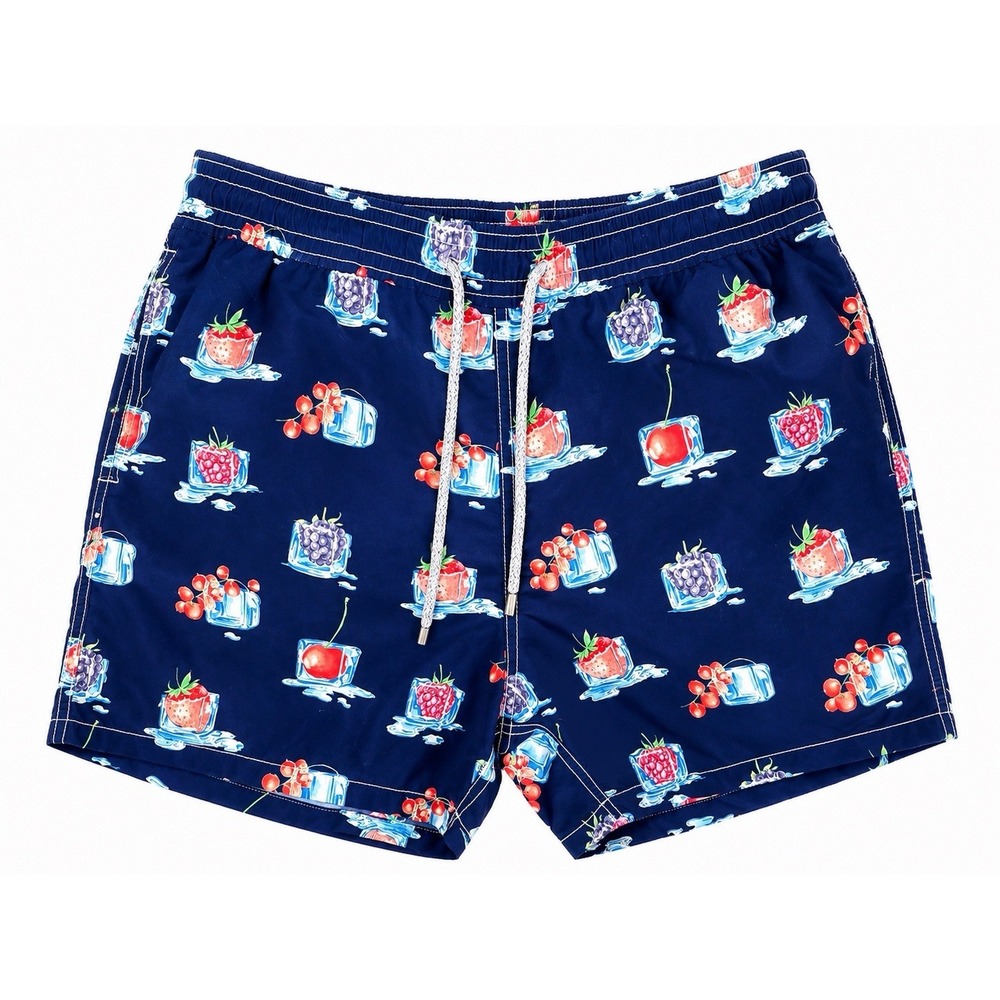 Vilebrequin Swim Trunks Navy Blue Fruit Ice Cube Print Men's Swim Shorts XL